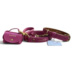 ensemble collier laisse pochette en cuir rose pour chien